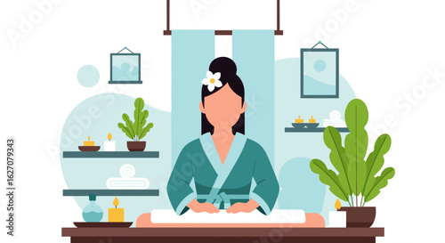 Serene woman in a robe ready for a relaxing spa treatment, surrounded by calming plants and candles. Ideal for wellness, beauty, and self-care concepts.