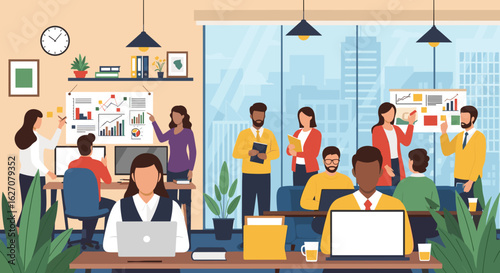 Busy professionals collaborate in a modern, vibrant office setting, ideal for concepts of teamwork, productivity, and business success.