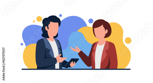 Two professional women in a colorful, abstract setting, engaged in a business discussion. Represents collaboration, consulting, or teamwork.