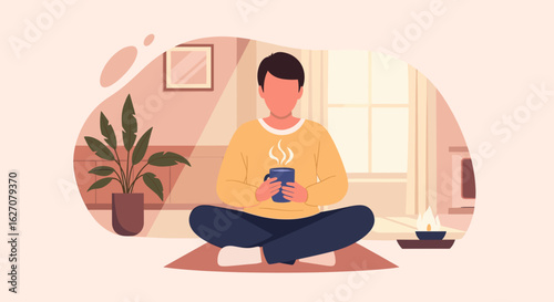 Person enjoying a warm beverage in a cozy home environment, promoting self-care, relaxation, and mindfulness. Ideal for lifestyle and wellness content.