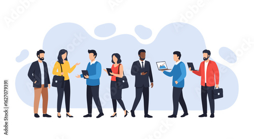 Diverse business professionals interact and collaborate, showcasing teamwork, communication, and modern workplace dynamics. Ideal for corporate and technology themes.