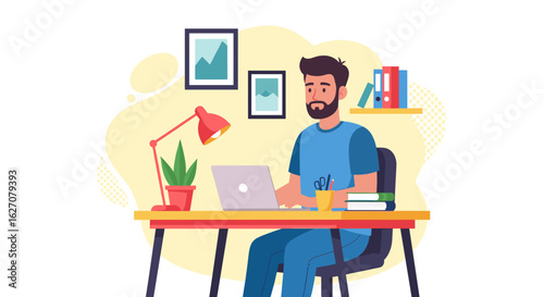 A focused man works efficiently on his laptop at a tidy home desk, symbolizing remote work, productivity, and modern lifestyle. Ideal for business and technology themes.