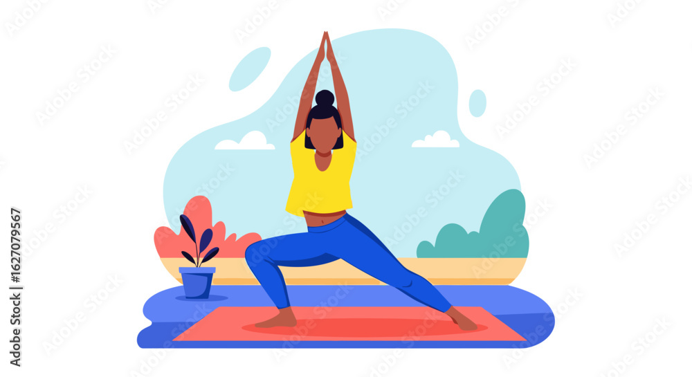 Fototapeta premium Woman in yoga Warrior pose on a mat, symbolizing fitness, balance, and mindful well-being. Perfect for health and lifestyle designs.