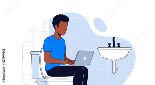 A person uses a laptop while sitting on a toilet in a minimalist bathroom, illustrating remote work, multitasking, and informal work environments. Ideal for business or lifestyle concepts.