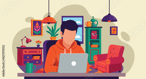 Person working remotely on a laptop in a colorful, modern home office. Ideal for concepts of remote work, productivity, and flexible lifestyles.