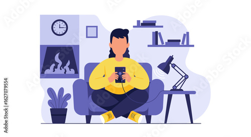 Person relaxing comfortably at home, engaged with their smartphone. Represents digital connection, leisure, and modern living.