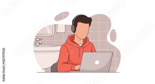 Person wearing headphones uses a laptop in a bathroom, depicting remote work, online learning, or a flexible modern lifestyle.
