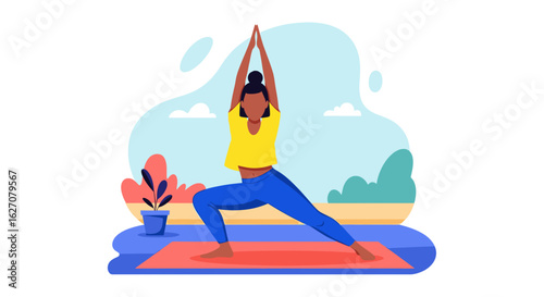 Woman in yoga Warrior pose on a mat, symbolizing fitness, balance, and mindful well-being. Perfect for health and lifestyle designs.