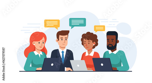Diverse team collaborating on laptops, symbolizing communication, teamwork, and professional connection. Ideal for business and technology concepts.
