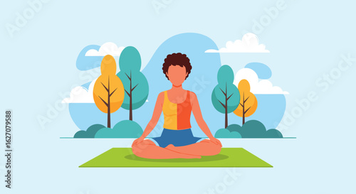 Illustration of a person meditating outdoors on a yoga mat in a serene park setting, embodying peace and mindfulness. Ideal for health, wellness, and lifestyle content.