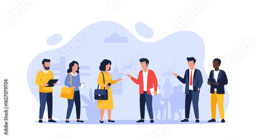 Diverse team of business professionals collaborating in a modern office environment. Ideal for themes of teamwork, communication, and corporate success.