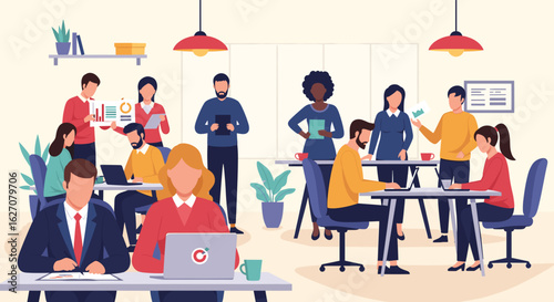 A diverse team of professionals collaborates and works diligently in a modern, open-plan office, representing teamwork, business growth, and productivity.