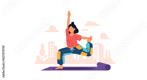 Woman practicing yoga with balance and focus on a mat in an urban setting. Ideal for health, wellness, and fitness concepts.