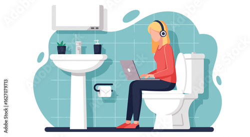 Woman on toilet with laptop and headphones, highlighting remote work realities, work-life balance challenges, and focused productivity in an unconventional space.