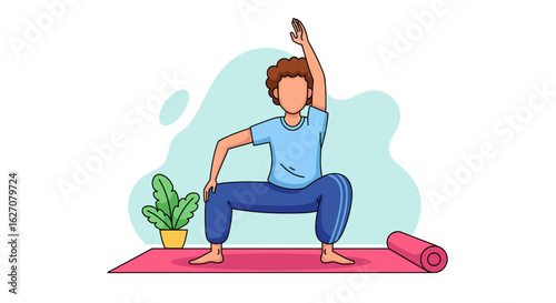 Person doing a yoga or fitness pose on a mat at home, promoting health, wellness, and an active lifestyle. Perfect for exercise and self-care content.