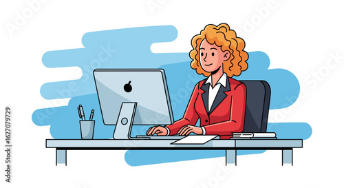 A cheerful businesswoman works diligently at her office computer, symbolizing productivity and professionalism. Ideal for corporate, technology, or lifestyle designs.