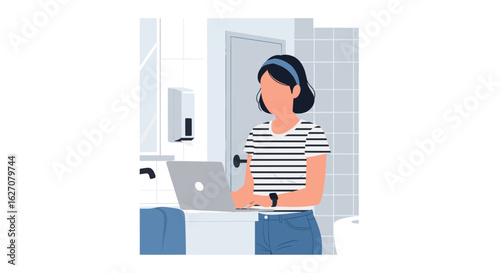 Woman working on laptop in a modern bathroom, symbolizing remote work, productivity, and a flexible home lifestyle. Home office concept.