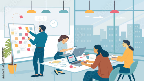 A diverse business team collaborates in a modern office, planning strategy with a kanban board and laptops, symbolizing teamwork, innovation, and productivity.
