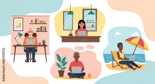 Diverse individuals working remotely from various locations like home offices, cafes, and beaches, illustrating flexible modern work, productivity, and lifestyle.