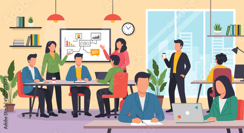 A diverse business team collaborates and works in a modern office, showcasing teamwork, productivity, and professional development. Ideal for corporate, HR, and technology themes.