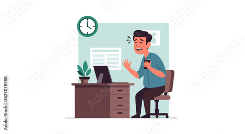 Anxious man reacting to a stressful situation at his desk, highlighting time pressure and occupational burnout in a business setting.