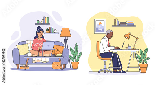 People working from home in comfortable and professional settings, showcasing the flexibility of remote work and a modern lifestyle.