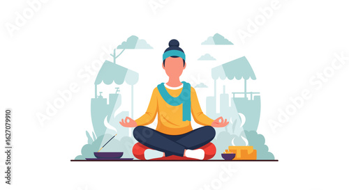 Serene illustration of a person meditating in lotus position with incense, embodying peace, mindfulness, and spiritual well-being for wellness concepts.