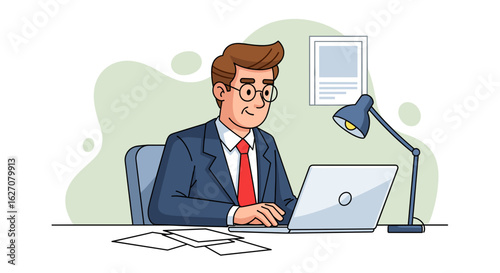 Professional businessman in suit and glasses diligently working on his laptop at a desk in an office setting. Ideal for concepts of productivity, remote work, or online education.
