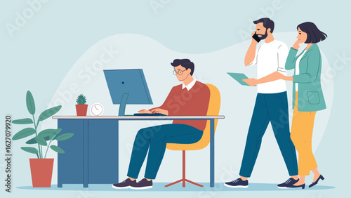 Engaged business professionals collaborate and communicate in a modern office environment, highlighting teamwork, productivity, and digital work. Ideal for corporate themes.