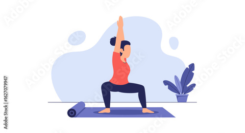 Woman practicing yoga in a strong warrior pose, illustrating concepts of wellness, health, and mindful fitness. Ideal for lifestyle and exercise content.