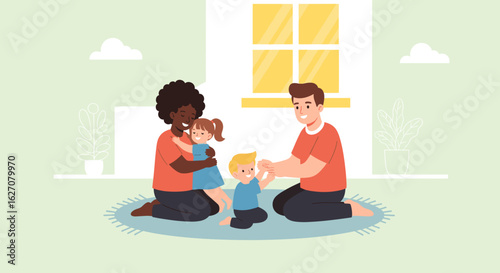 Happy diverse family with parents and two young children playing together on the floor at home. Depicts love, care, and joyful family life.