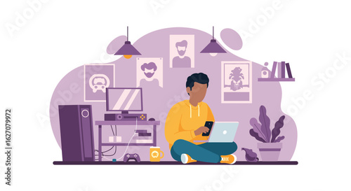 Young person working or studying remotely from home with a laptop and smartphone in a comfortable, modern room setup. Ideal for digital lifestyle, education, or technology themes.