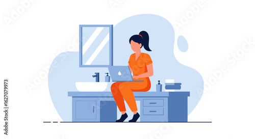 Woman works remotely on laptop from a home bathroom vanity, embodying flexible modern lifestyle and efficient telecommuting.