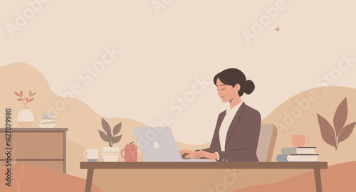Professional woman focused on her laptop in a minimalist home office. Depicts remote work, productivity, and modern business lifestyle concepts.