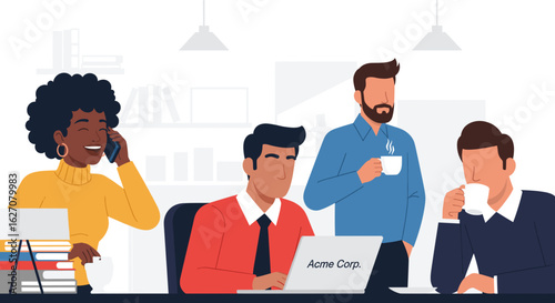 Professional diverse team actively working and collaborating in a bright modern office environment. Business productivity and communication.