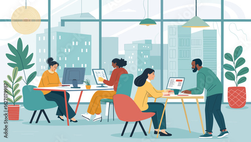 Diverse professionals collaborate in a modern, vibrant office, embodying teamwork, innovation, and productivity in a contemporary business environment.