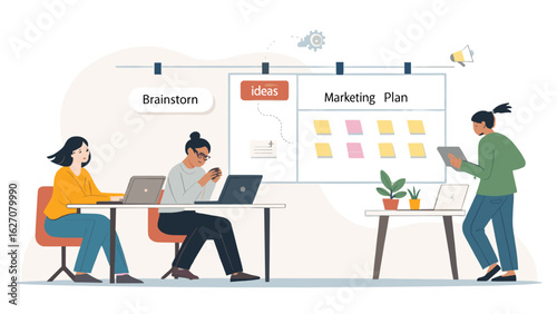 Businesswomen collaborate on a marketing plan, brainstorming ideas and strategies in a modern office setting. Ideal for teamwork and professional concepts.