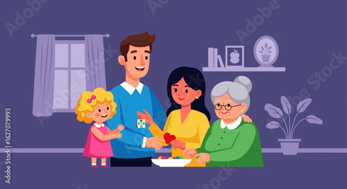 Happy multigenerational family decorates colorful eggs at home, sharing joyful moments and gifts. Ideal for holiday, love, and togetherness themes.