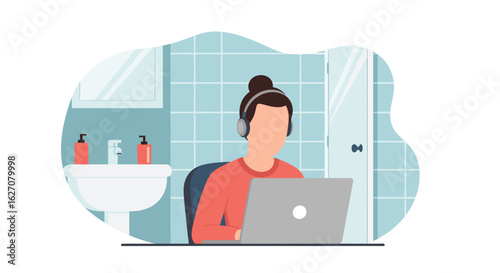 Person working remotely from home with a laptop and headphones in a bathroom setting, highlighting flexible work and technology.