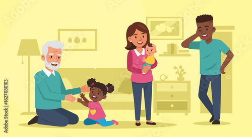 Happy multi-generational family bonding at home. Grandparent, parents, and children share joyful moments, representing love and connection.
