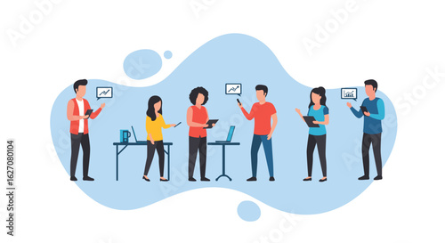 Professional diverse team collaborating, analyzing data, and communicating business ideas using modern technology for growth and success.