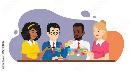 Diverse business team collaborating and brainstorming ideas with sticky notes on a laptop. Professional modern illustration for teamwork and innovation.
