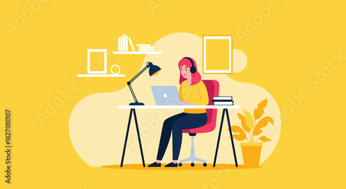 Young woman with headphones focused on her laptop, working remotely from a bright, modern home office. Ideal for concepts of productivity, online learning, and digital lifestyle.