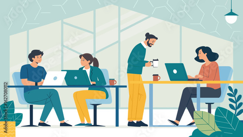 Productive diverse team working in a modern, light-filled office space. Ideal for business, technology, and collaborative work concepts.