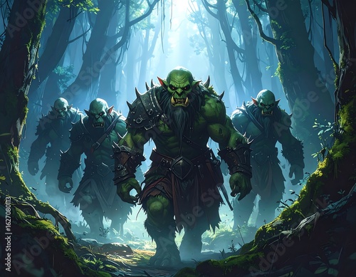 Ogre horde advancing through a dark forest