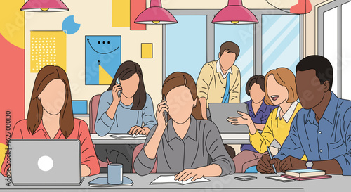 Diverse business professionals collaborate in a vibrant modern office, illustrating teamwork, communication, and a productive work environment. Ideal for corporate concepts.