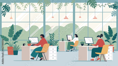 Diverse professionals work efficiently in a modern, plant-filled office. Reflects productivity, healthy work environment, and sustainable business practices.