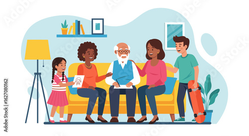 Happy multi-generational family gathered at home for important discussions. Illustrates family support, financial planning, and intergenerational bonding. Ideal for lifestyle and business concepts.