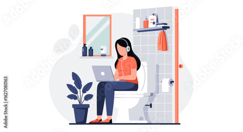 Woman working remotely on laptop while sitting on toilet, illustrating flexible and unconventional work-from-home scenarios and digital nomad lifestyle.