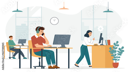 Professionals actively working at computers in a modern office, depicting productivity, teamwork, and a contemporary business environment.